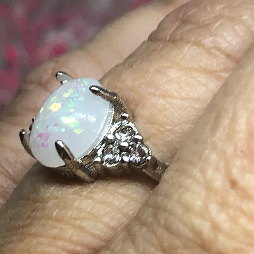 Silver Oval Lab Grown Opal Ring - image 5